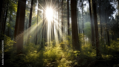A dense forest  the sun peeking through the trees  providing copyspace. Generative ai.