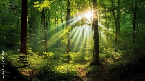 A dense forest, the sun peeking through the trees, providing copyspace. Generative ai. © MADMAT