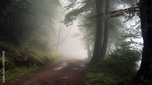 A foggy  mysterious forest path  leaving room for text in the mist. Generative ai.