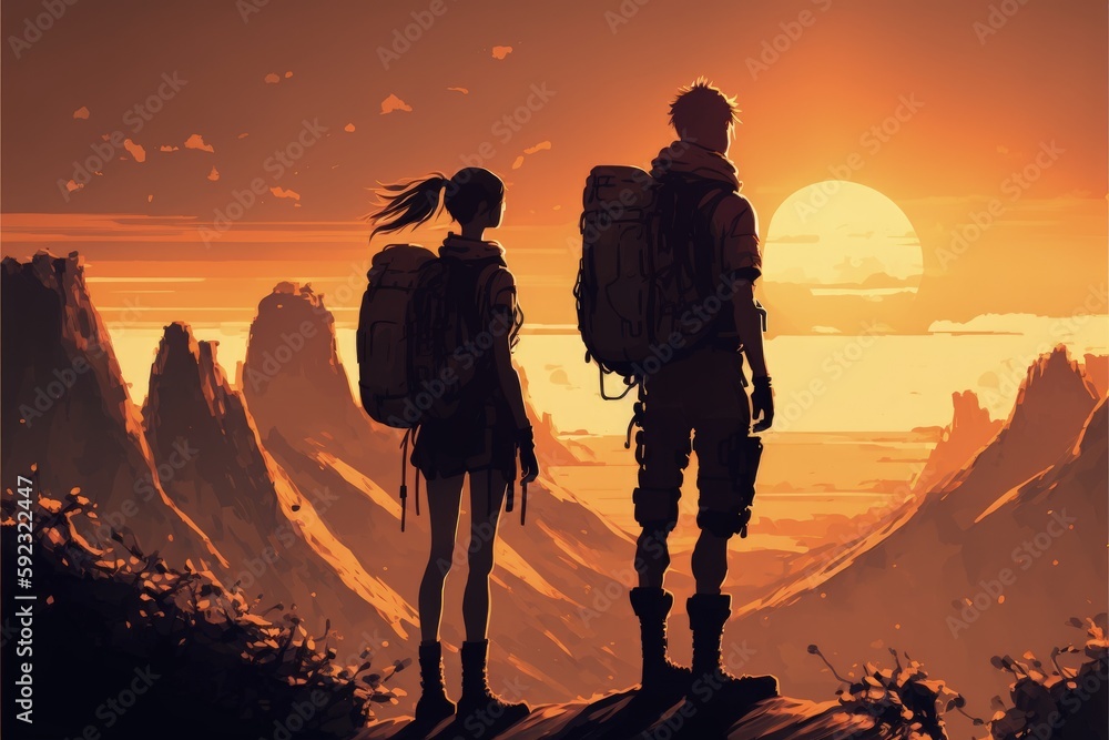 Pair of trekkers standing atop the summit gazing at multiple suns in the sky. Fantasy concept , Illustration painting. Generative AI Pair of trekkers standing atop the summit gazing at multiple suns in the sky. Fantasy concept , Illustration painting. Generative AI