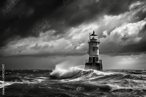 black and white photo of a lighthouse with stormy skies and waves, created with generative ai