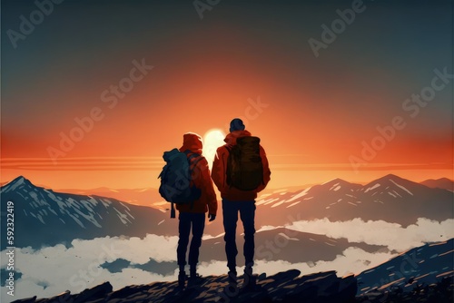 Pair of trekkers standing atop the summit gazing at multiple suns in the sky. Fantasy concept   Illustration painting. Generative AI