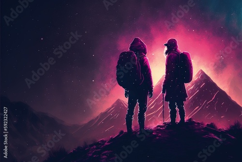Pair of trekkers standing atop the summit gazing at multiple suns in the sky. Fantasy concept , Illustration painting. Generative AI