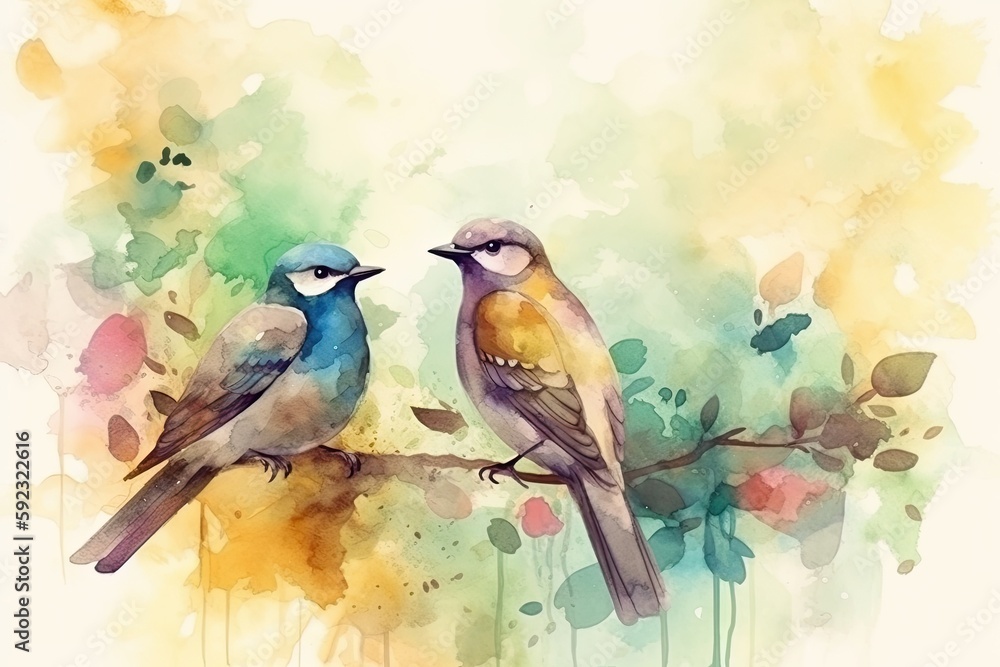 Obraz premium Watercolor illustration of two birds in pastel colors. Generative AI
