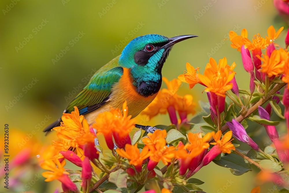 Beautiful little bird in blooming flowers. Generative AI Beautiful little bird in blooming flowers. Generative AI