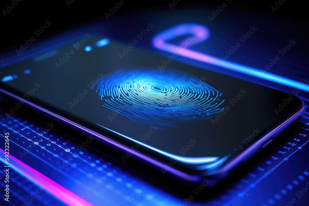 Biometric fingerprint blue color on the phone. Generative AI - obrazy, fototapety, plakaty 