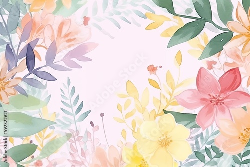 Background of colorful flowers with leaves. Watercolor illustration. Generative AI