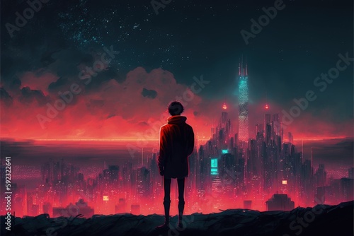 Man gazing at high-tech metropolis at night on street, futuristic science-fiction idea. Fantasy concept , Illustration painting. Generative AI