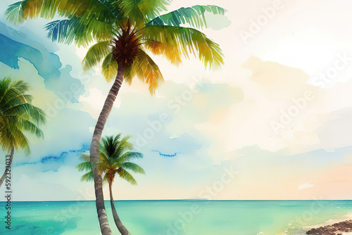 Coconut palm on the shore of a tropical island  ocean  sand  Generative AI.