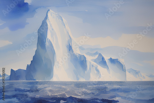 A frozen block of an iceberg that breaks off the shelf drifts in the ocean, watercolor illustration. Generative AI.