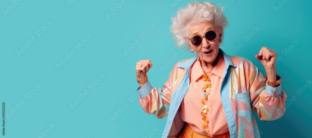 Senior woman wearing 80s style colorful outfit is dancing on colored background. Generative AI