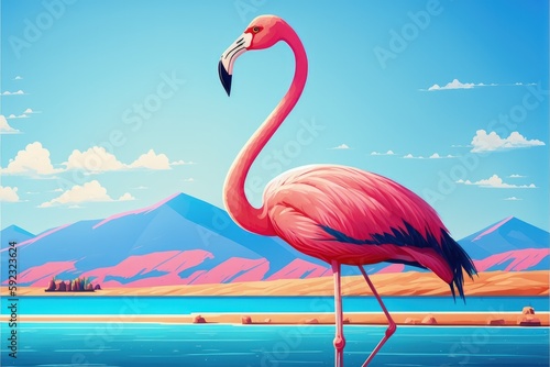 A flamingo perched on the ocean with a backdrop of a bright blue sky on a sunny day. Fantasy concept   Illustration painting. Generative AI