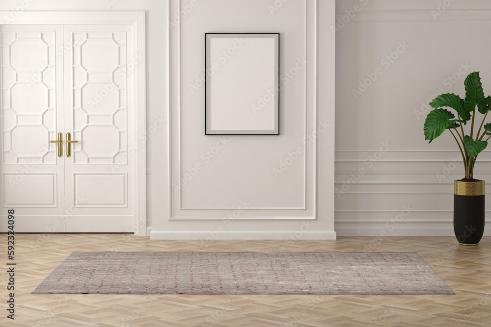 Naklejka premium 3D rendering .empty classic interior . classic room .plant vase. floor parquet. photo frame