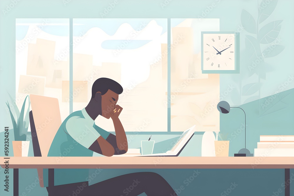 Flat vector illustration Meet deadlines like a champion like him. Cropped shot of a young businessman resting at his desk in a modern office. Flat vector illustration Meet deadlines like a champion like him. Cropped shot of a young businessman resting at his desk in a modern office.