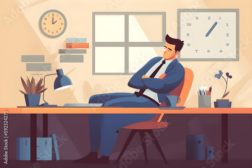 Flat vector illustration Meet deadlines like a champion like him. Cropped shot of a young businessman resting at his desk in a modern office. © VIX