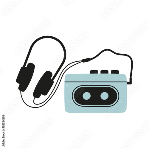 Cassette turntable player from the 90s with headphones and wires, flat design, retro, vintage, old style y2k photo