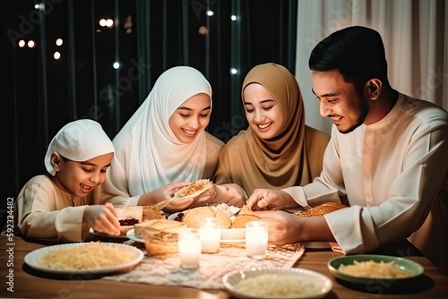 group of happy  muslim having dinner  during ramadan celebration family cooking together  ai generation