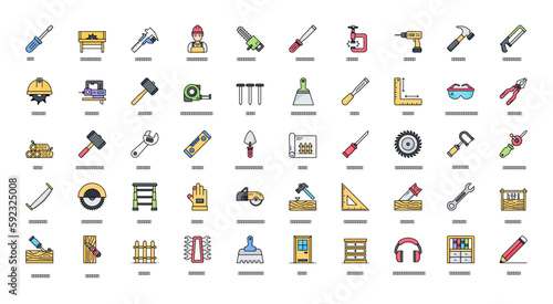 Carpentry Color Line Icons Hammer Helmet Chainsaw Icon Set in Filled Outline Style 50 Vector Icons