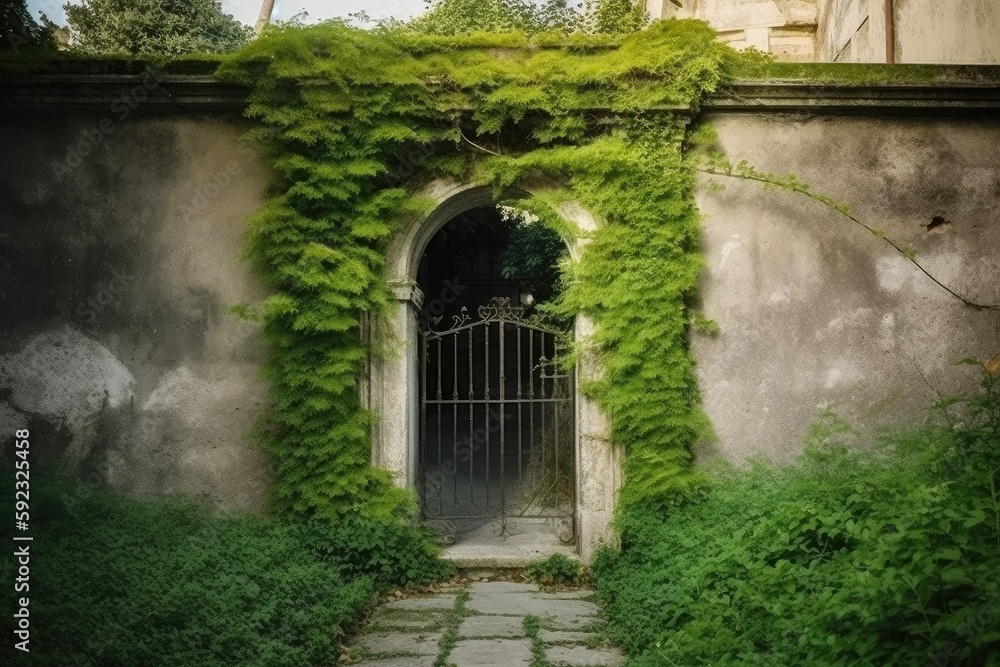  entrance to an house with green arch, ai generative