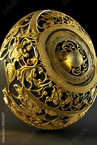 gold and silver metal ball with engraved filigree yin-yang, dark bacground - generative ai