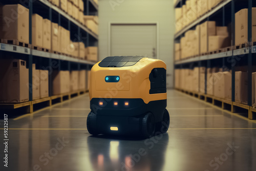 Yellow Autonomous Robot transportation in warehouse. Transporting Cardboard Boxes in Distribution Logistics Center. Warehouse automation concept. generative ai 