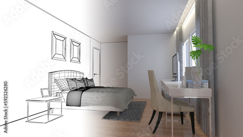 Bedroom of the home.a combination of line drawings and color. 3d rendering