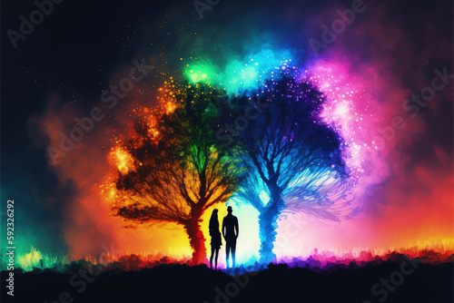 couple positioned in front of luminescent trees in conceptual environment Fantasy concept , Illustration painting. Generative AI