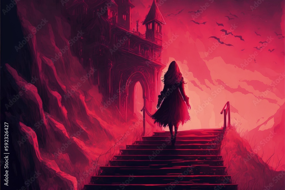 Naklejka premium Little Red Riding Hood ascending stairs to the sorceress's fortress at sundown Fantasy concept , Illustration painting. Generative AI