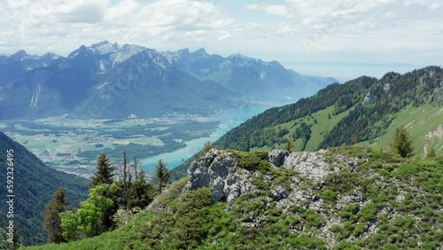 Aerial view of Thun Swiss lake in the mountains