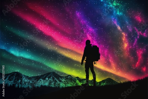 Hiker carrying backpack admiring mountains and colorful aurora in nocturnal landscape. Fantasy concept , Illustration painting. Generative AI