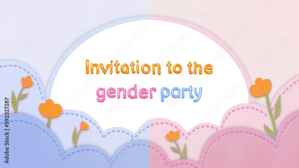 Girl or boy? 3D Invitation card to Gender reveal party. Pink and blue background with flowers and lettering text. He or She? paper cut illustration Girl or boy? 3D Invitation card to Gender reveal party. Pink and blue background with flowers and lettering text. He or She? paper cut illustration