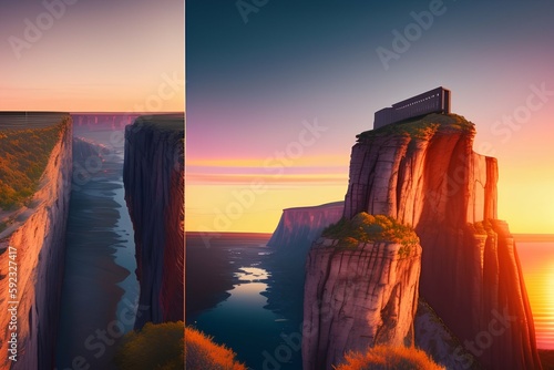 high line between two cliffs, sunset, epic - generative ai