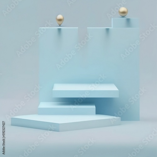 3D podium display, pastel blue background, Christmas, Sky blue concept, Art deco steps and geometric shapes, product presentation, Studio, 3D rendering illustration, Created using generative AI