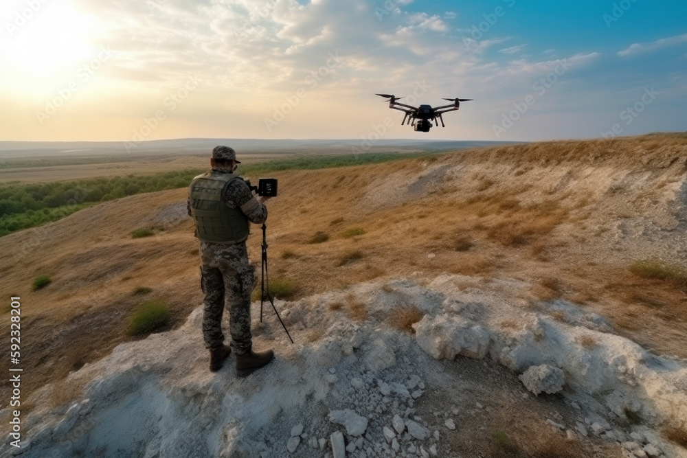 Military drone operator soldier using flying UAV above a field, Ukraine Russia war, Generative AI. Military drone operator soldier using flying UAV above a field, Ukraine Russia war, Generative AI.