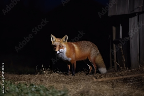 Fox preparing to hunt at night on a farm, Generative AI.
