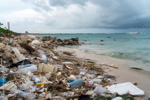 Beach polluted with garbage  litter and plastic waste  Generative AI