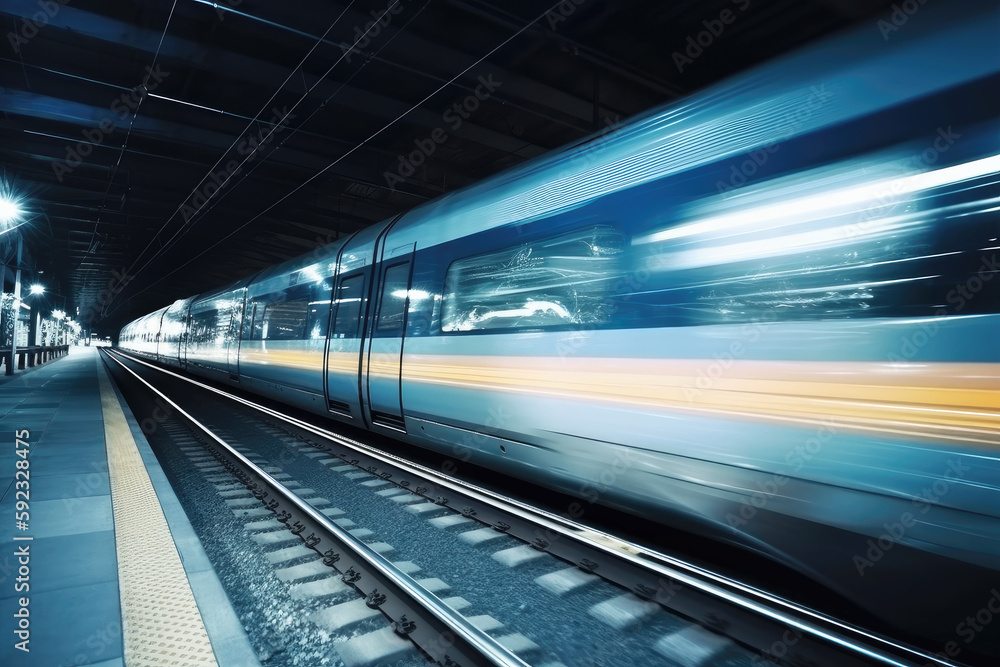 Fototapeta premium High-speed autonomous self-driving train moving through the night. Generative AI