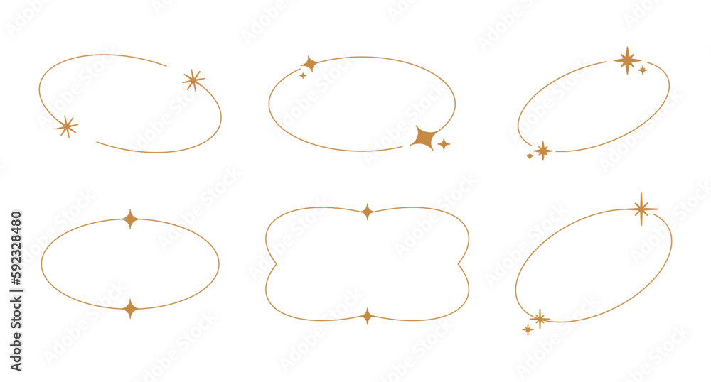 Vector set of linear frames and borders - abstract design elements for decoration or logo design templates in modern minimalist style with copy space for text with sparkles and stars Vector set of linear frames and borders - abstract design elements for decoration or logo design templates in modern minimalist style with copy space for text with sparkles and stars