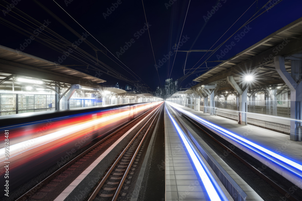 High-speed autonomous self-driving train at railway station at night. Generative AI