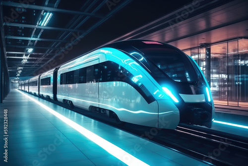 High-speed autonomous self-driving train at railway station at night. Generative AI