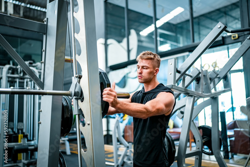 Male athlete exercising in the gym, lifting weights, pulling joints.