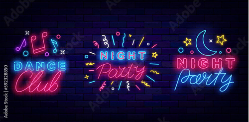Music night neon signs collection. Performance flyer. Luminous advertising. Confetti firework. Vector stock illustration