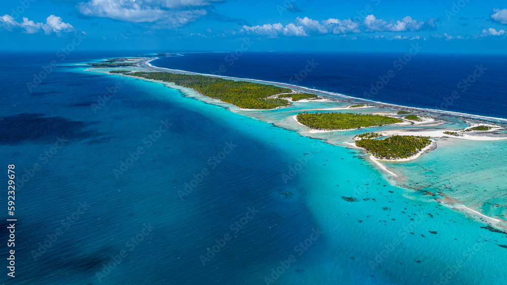 Aerial of the Ile aux Recifs, Rangiroa atoll, Tuamotus, French Polynesia, South Pacific Aerial of the Ile aux Recifs, Rangiroa atoll, Tuamotus, French Polynesia, South Pacific
