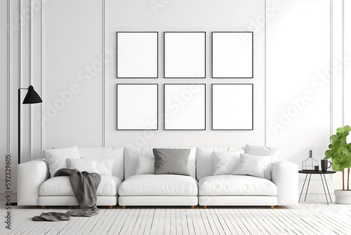 A white living room with sofa, coffee table, pillows, green plant. Six rectangular vertical frames mockup of empty space on the wall. Scandinavian style, lagom. 3d Illustration, generative AI