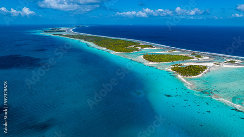 Aerial of the Ile aux Recifs, Rangiroa atoll, Tuamotus, French Polynesia, South Pacific