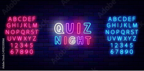 Quiz night neon label. Multicolored handwritten text. Luminous blue and pink alphabet. Vector stock illustration