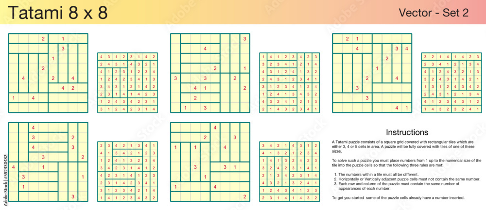 5 Tatami 8 x 8 Puzzles. A set of scalable puzzles for kids and adults, which are ready for web use or to be compiled into a standard or large print activity book.