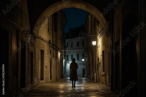 Silhouette of girl walking in the street of ancient medieval city at night. Generative AI
