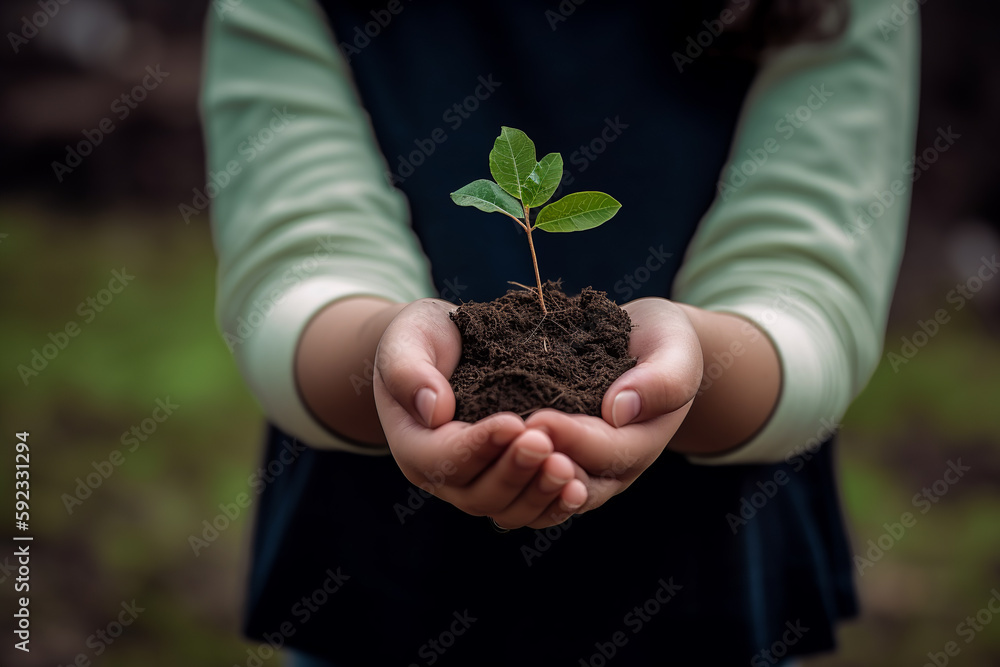 Hands holding young plant, symbolizing ecology concept. Generative AI