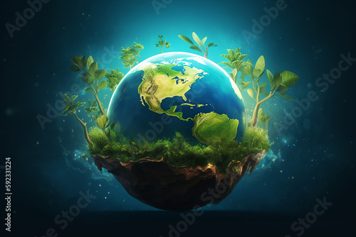 Planet earth covered by plants, symbol of environmental protection. Earth Day concept. Generative AI © yarohork